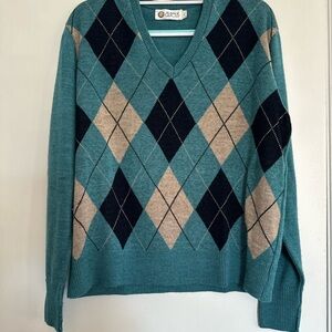 Vintage 80s Aureus Sz: L Dusty Teal Navy Gray Argyle Vneck Pullover Sweater.